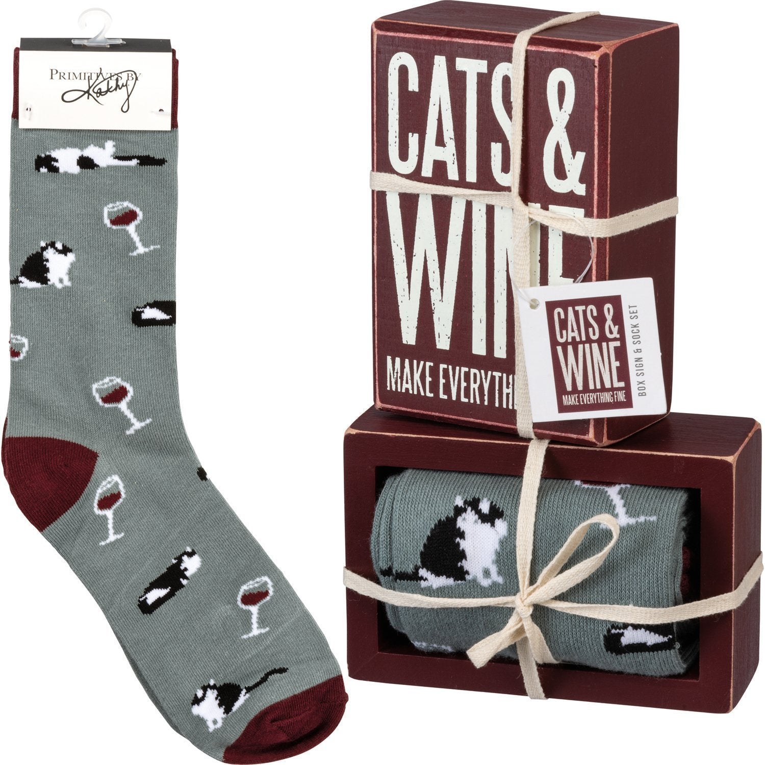 Birthday Gifts for Cat Lovers, Cats And Wine Make Everything Fine Socks And Sign Set