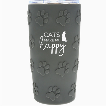 Cats Make Me Happy 20oz Tumbler with gray pawprint silicone grip and white cat silhouette decal.