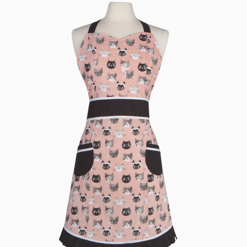 Cat's Meow Betty Apron - Pink apron with grey cat faces and black accents.