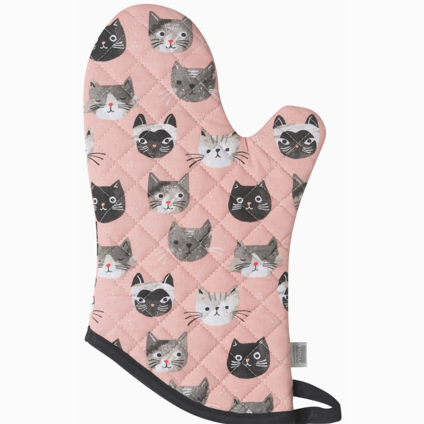 Cat's Meow Oven Mitt - Pink fabric with grey cat faces and black trim.