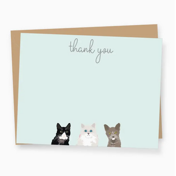 Thank You Cards featuring five cats of different breeds on a light blue background with cursive 'thank you' text.