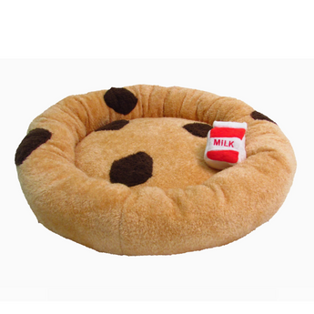 Chocolate Chip Cookie Pet Bed made of soft plush with milk crinkle toy
