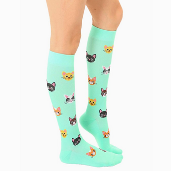 Side view of Cat Compression Socks showing padded cushion bottom and bright cat print design.