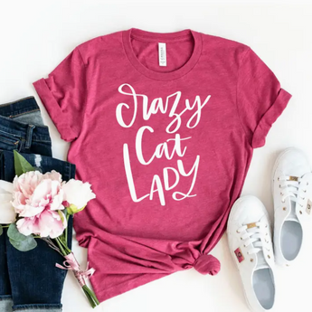 Crazy Cat Lady T-Shirt in raspberry heather with playful white font print.