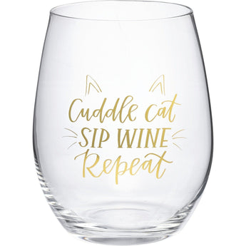 Cat Wine Glasses with the Words Cuddle Cat Sip Wine Repeat Printed On the Front
