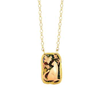 Handmade Cutout Cat Necklace featuring a copper cat and butterfly cutout in a gold-tone oval pendant with a dark floral backdrop on a 20-inch chain.