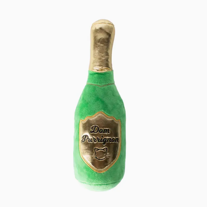 Dom Purrignon Cat Kicker Toy, a plush champagne bottle-shaped kicker filled with organic catnip and crinkle paper for endless entertainment.