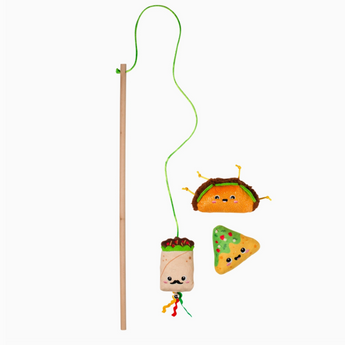 Feeling Like a Guac-Star Cat Wand Toy Set with wooden wand, burrito, taco, and chip toys