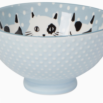 Feline Fine Serving Bowl - Light blue bowl with embossed cat face pattern.