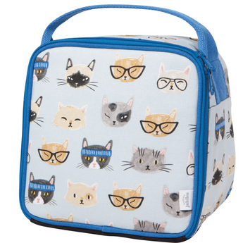 Light blue lunch bag with funny cat faces wearing glasses and headbands, insulated with food-safe lining.