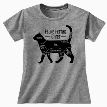 Feline Petting Chart T-Shirt: Light grey shirt with black cat silhouette divided into petting regions, accompanied by text 'Feline Petting Chart'.