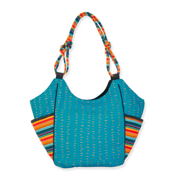 Close-up image of Fiesta Cat Tote Bag's outside slip pockets with colorful striped detailing.