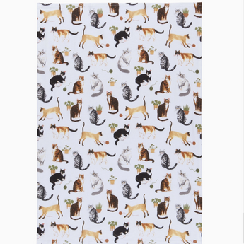 All-over design of cats and potted plants on a white dishtowel.