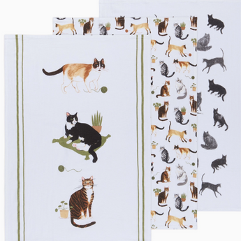 Adorable cat-themed dishtowel set featuring whimsical designs.