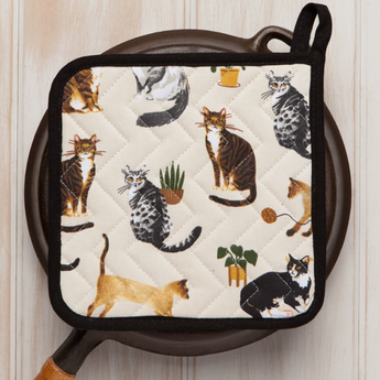 Flower Cats Pot Holder featuring playful cat and potted plant print on earthy background.