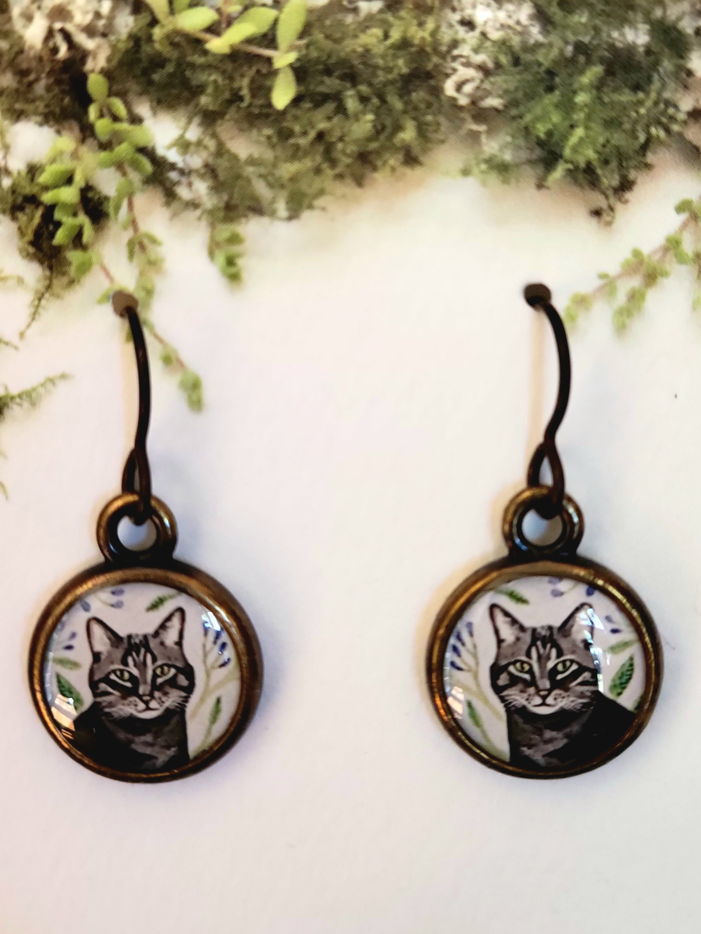 Silver Cat Jewelry, Grey Tabby Cat Earrings