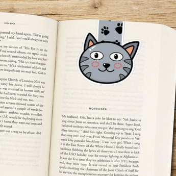 Grey Tabby Magnetic Bookmark with a happy grey tabby cat face