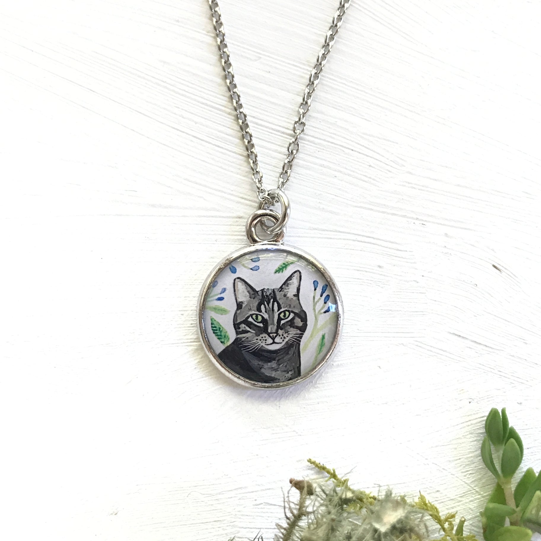 Grey Tabby Cat Necklace, Sterling Silver Cat Necklace