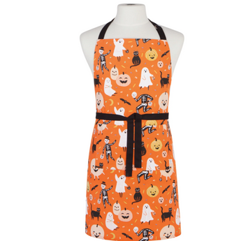 Halloween Apron with black cats, pumpkins, ghosts, and skeletons on orange fabric