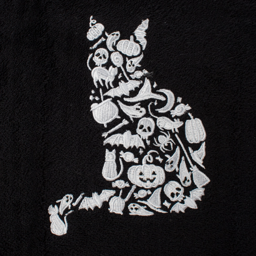 Haunted Cat Hand Towel - Featuring ghosts, bats, and pumpkins.