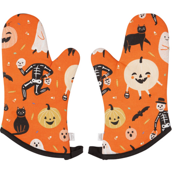 Set of two Halloween oven mitts with black cats, pumpkins, ghosts, and skeletons on orange fabric."