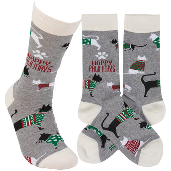 Gray Happy Pawlidays Socks featuring "Happy Pawlidays" text, cats in sweaters, and a festive paw print pattern.