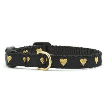 Heart Of Gold Cat Collar: A black cat collar adorned with shimmering golden hearts on a black background, adjustable for 8" to 12" necks, featuring a Breakaway Buckle for safety, proudly made in the USA. Elevate your cat's style with this purr-fect blend of elegance and glamour!