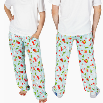 Unisex Holiday Cats Pajama Pants featuring cozy cats in scarves and holiday patterns.