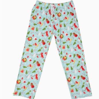 Drawstring holiday pajama pants with cats in sweaters and seasonal prints, sizes S-XL.