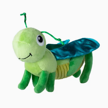 Close-up of the Hop On By Plush Kicker Cat Toy showing its reflective plush and rope antennas.