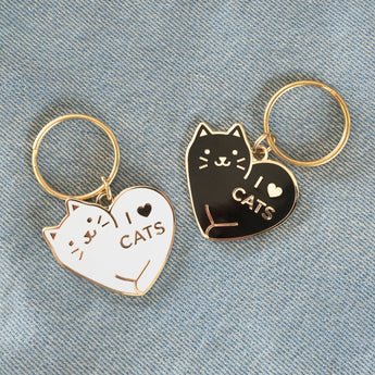 I Heart Cats Keychains Shaped Like A White Cat And A Black Cat
