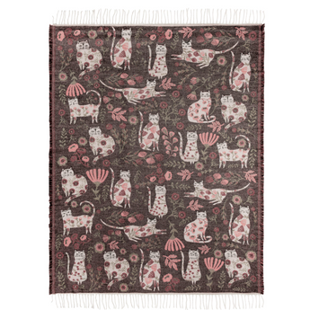 In Bloom Cat Throw Blanket with white cats and floral pattern in blush and beige colors, finished with hand-twisted cream tassels.