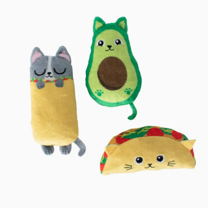 Image showing a Kitty Cravings Toy Set with burrito, avocado, and taco catnip toys in soft plush fabric.
