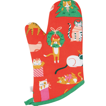 Close-up of Let It Meow Cat Christmas Oven Mitts featuring cats playing with Christmas lights.