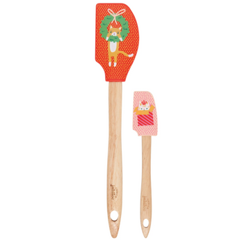 Set of 2 Christmas cat spatulas with festive red silicone heads and wooden handles.