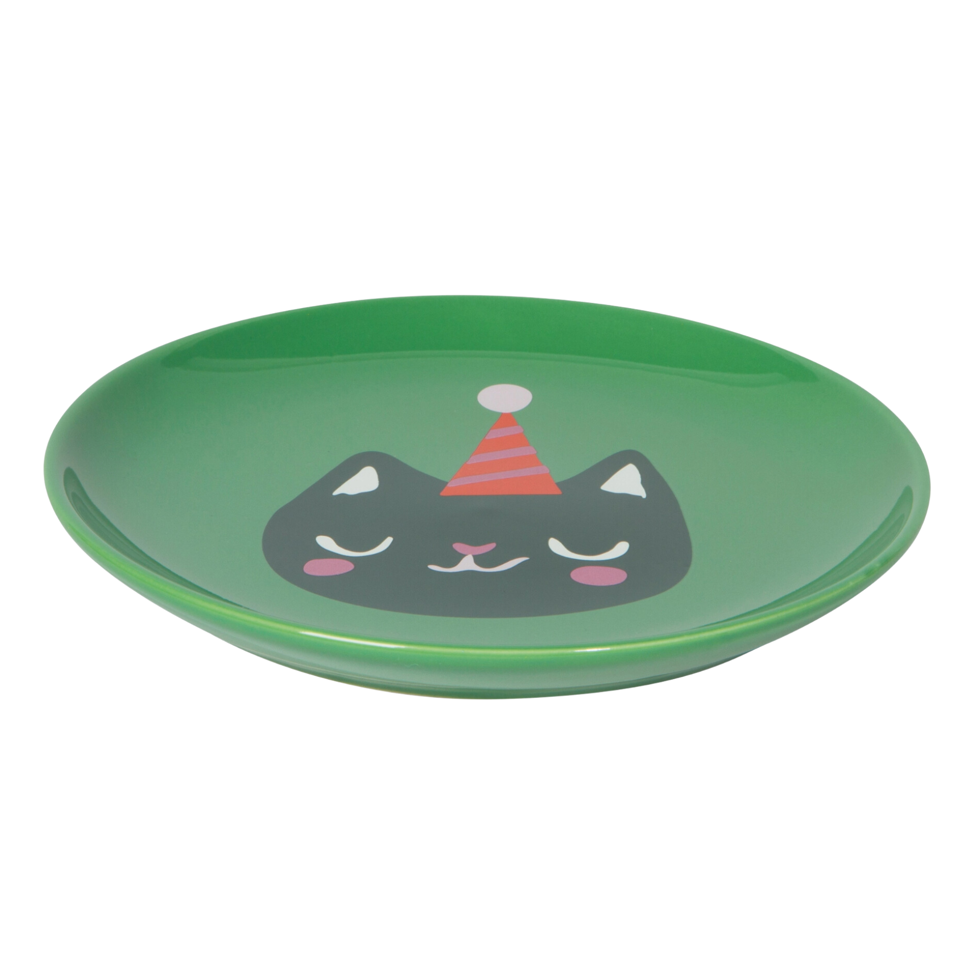 Let It Meow Christmas Appetizer Plate featuring a playful cat wearing a cozy party hat.