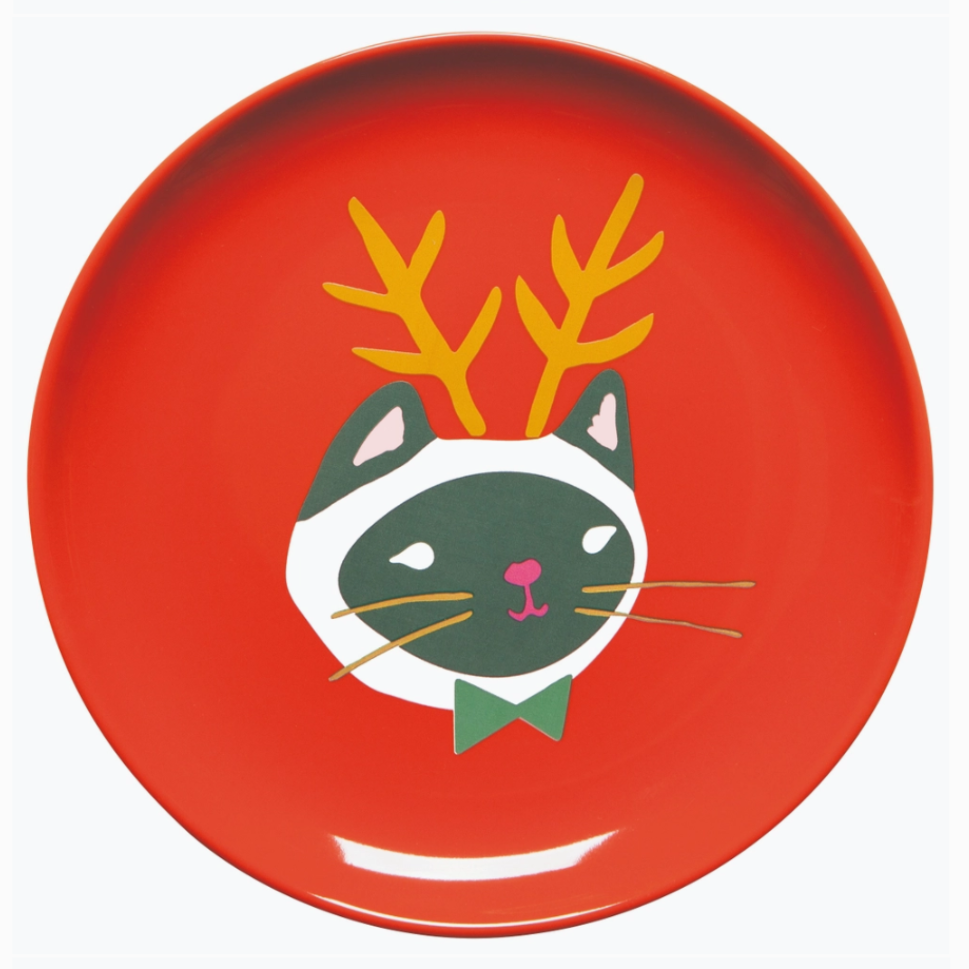 Let It Meow Christmas Appetizer Plate showcasing a cat adorned with a festive bow tie and antlers.