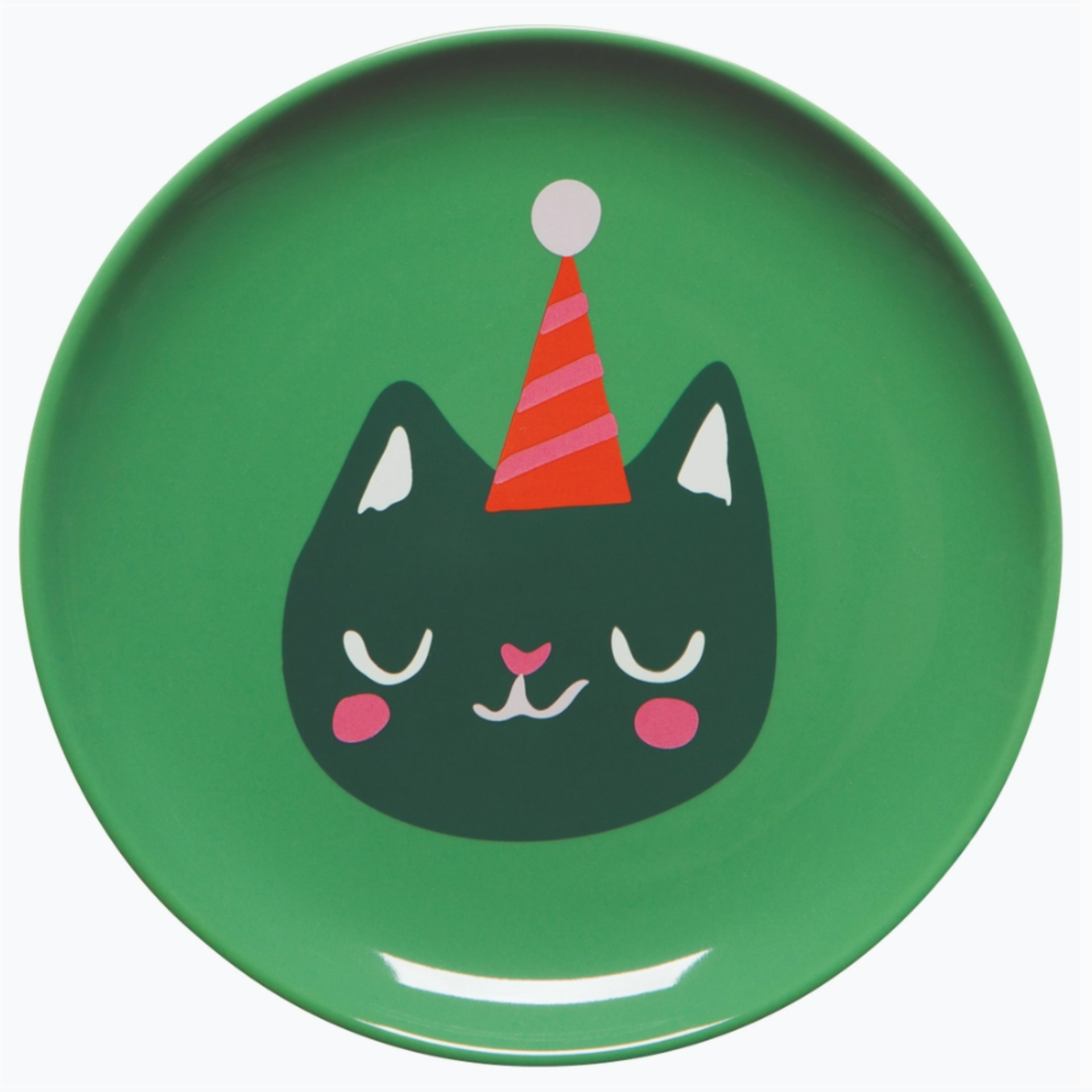Let It Meow Christmas Appetizer Plate showcasing a joyful cat with a red party hat