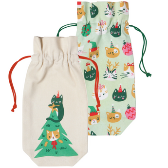 Let It Meow Wine Bag with a cat climbing a Christmas tree design.