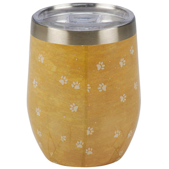 Insulated wine tumbler in kraft paper packaging, showcasing a full design of paw prints and whimsical cat and dog with the caption 'Let's Drink Wine And Judge The Humans.