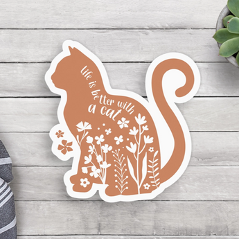 Orange cat-shaped sticker with a flower motif and white lettering that reads "Life Is Better With A Cat.