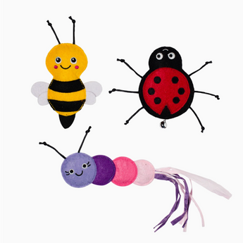Living The Bug Life Cat Toy Set with three bug-themed toys including a bee, ladybug, and caterpillar