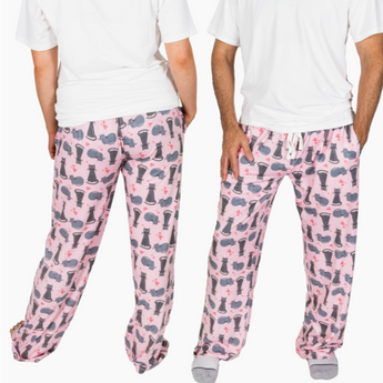 Drawstring pajama pants in pink with gray cat and heart pattern, available in sizes S-XL.