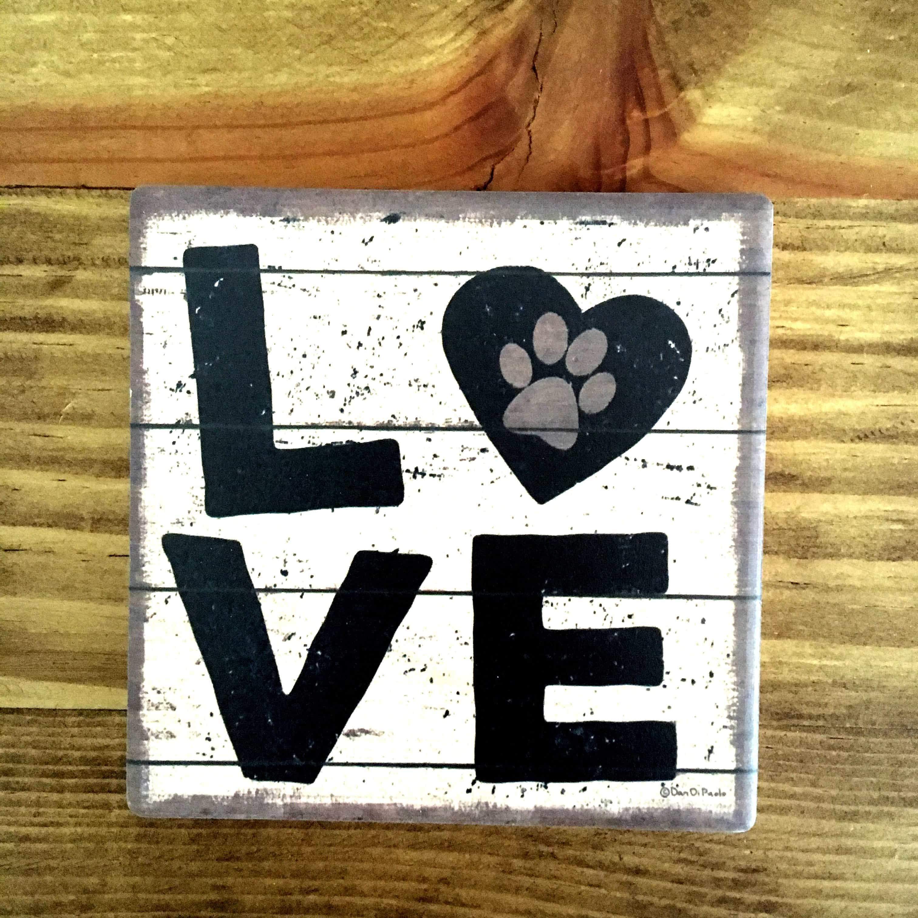 Unique Gifts for Cat Lovers, Cat Coaster Featuring the Word Love and A Paw Print