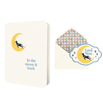Love You To The Moon And Back Cat Card featuring a black cat hugging a crescent moon