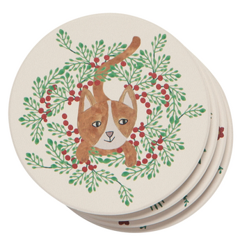 Meowy Christmas Coasters set with orange, yellow, grey, and tuxedo cats in festive designs.