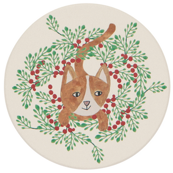 Round absorbent ceramic coasters featuring holiday-themed cats with cork backing.