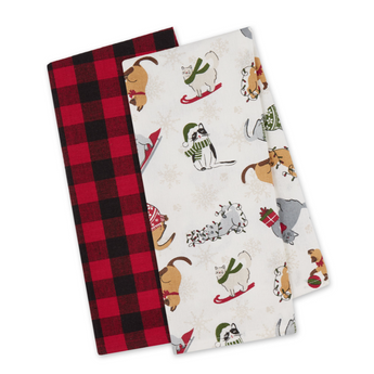 Set of 2 Meowy Christmas Dish Towels with plaid and festive cat designs, 100% cotton.