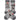 A pair of gray crew socks with a festive Christmas cat pattern, featuring illustrations of black and white cats wearing red Santa hats and the text 'MEOWY CHRISTMAS'.