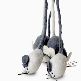 A playful grey wool mouse dangles from a 12" wool string attached to a 19" bamboo stick, forming the Mouse Wand Cat Toy.